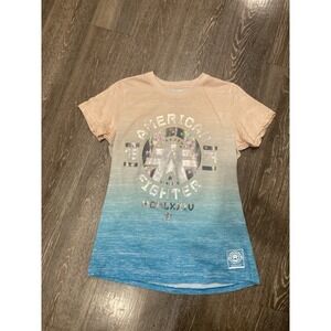 American Fighter Women's T-Shirt Size S Ombre Peach Blue Graphic Logo Foil Tee